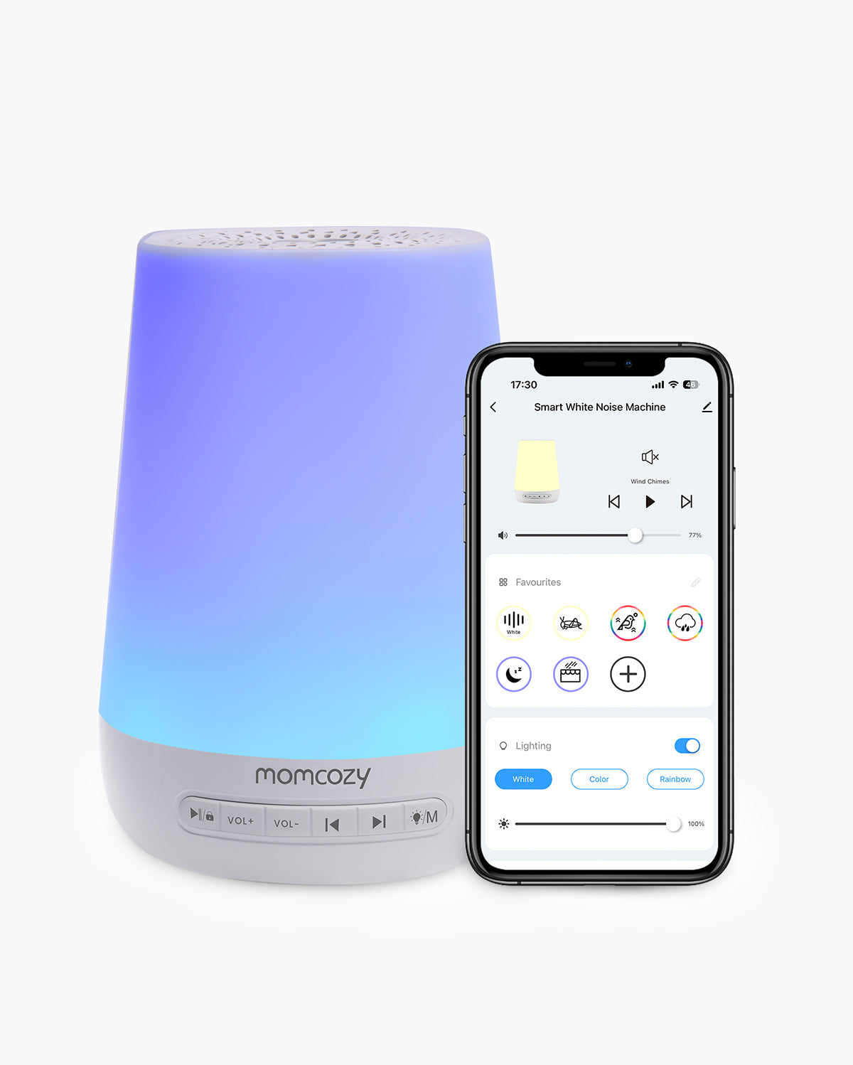 Momcozy Smart White Noise Machine with App Remote Control, featuring white, color, and rainbow lighting options for babies