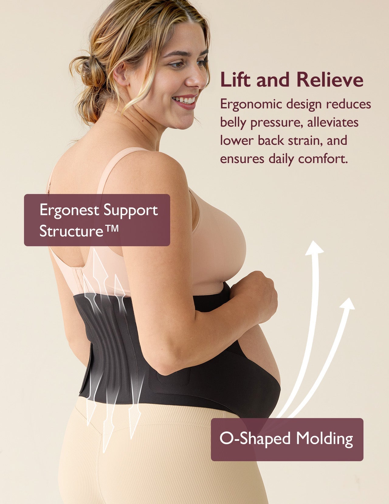 Black BumpEase maternity band with Ergonest Support, O-Shaped Molding for reduced belly pressure & back strain.