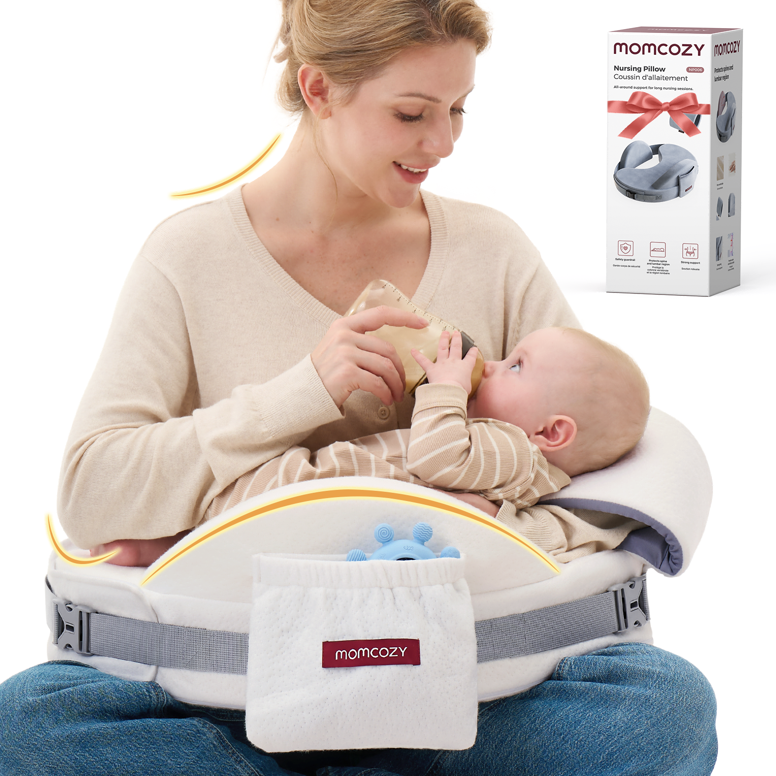 Momcozy MaxSupport Nursing Pillow used by mother feeding baby with bottle.