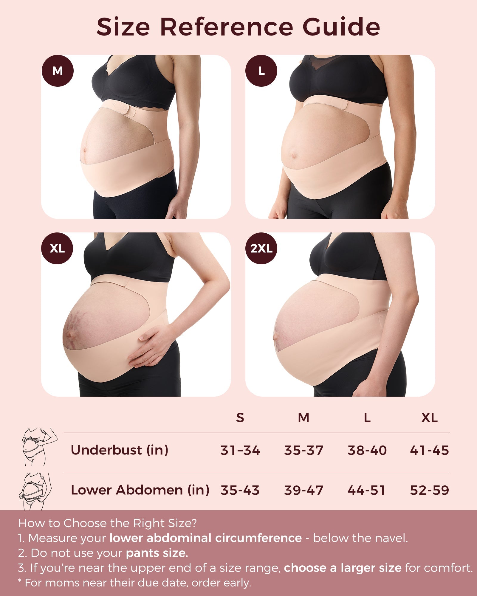 BumpEase maternity band size guide: pregnant individuals in M, L, XL, 2XL, with size chart & fitting instructions.