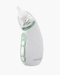 White Momcozy baby nasal aspirator SP-3 with green accents, power button, and adjustable suction levels.