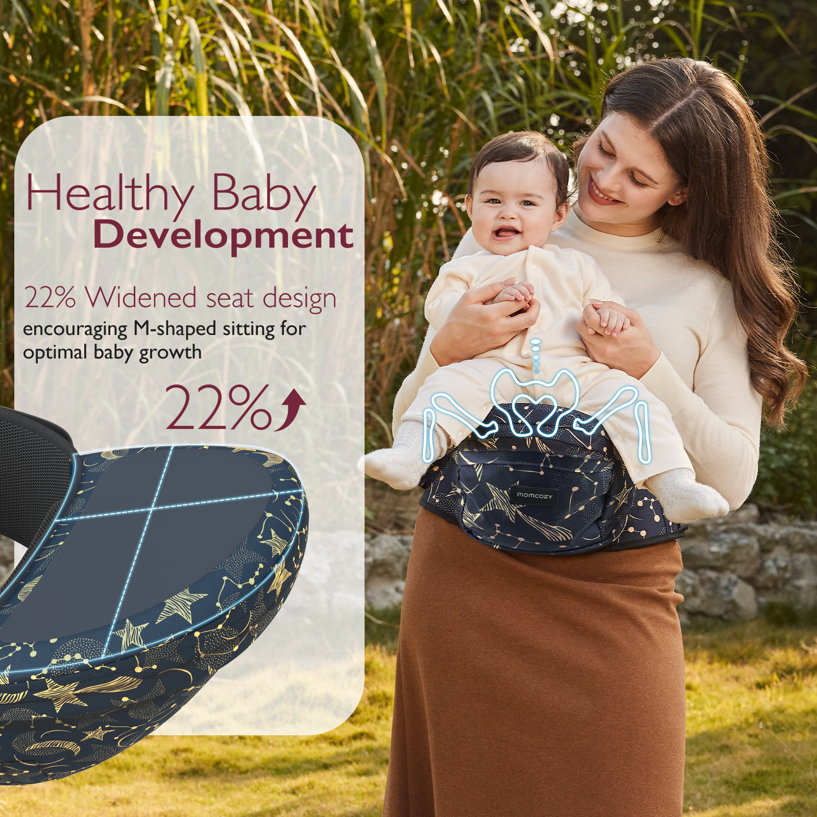 Momcozy Wander360 Hip Seat Carrier, promoting healthy baby development with M-shaped sitting, constellation design.