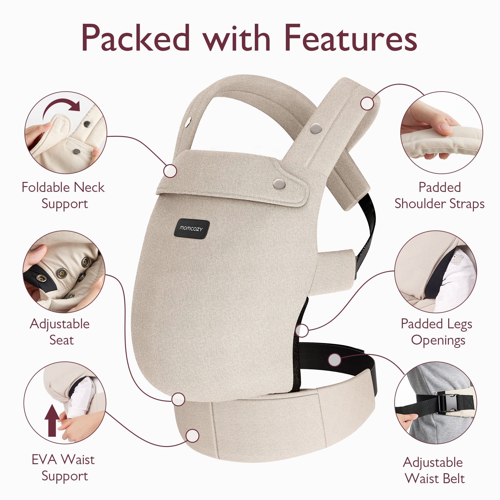 Momcozy PureHug carrier: Adjustable waist, padded straps, and foldable neck support for comfortable babywearing.