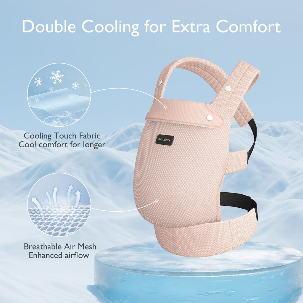 Momcozy PureHug baby carrier peach color. Double Cooling design with breathable air mesh for enhanced comfort babywearing.