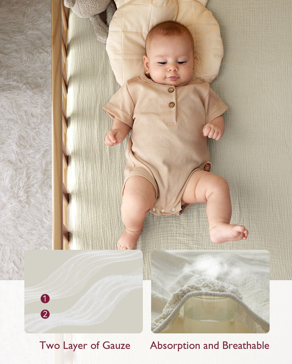 Momcozy Muslin Fitted Crib Sheets - 2 sizes - Green & Grey