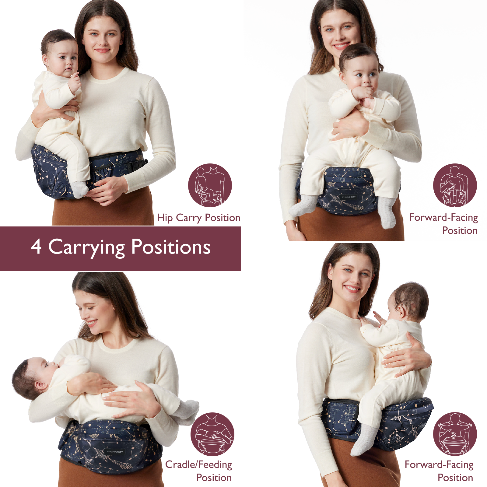 Momcozy Wander360 Hip Seat Carrier showcasing 4 carrying positions: Hip, Forward-Facing, and Cradle/Feeding position.