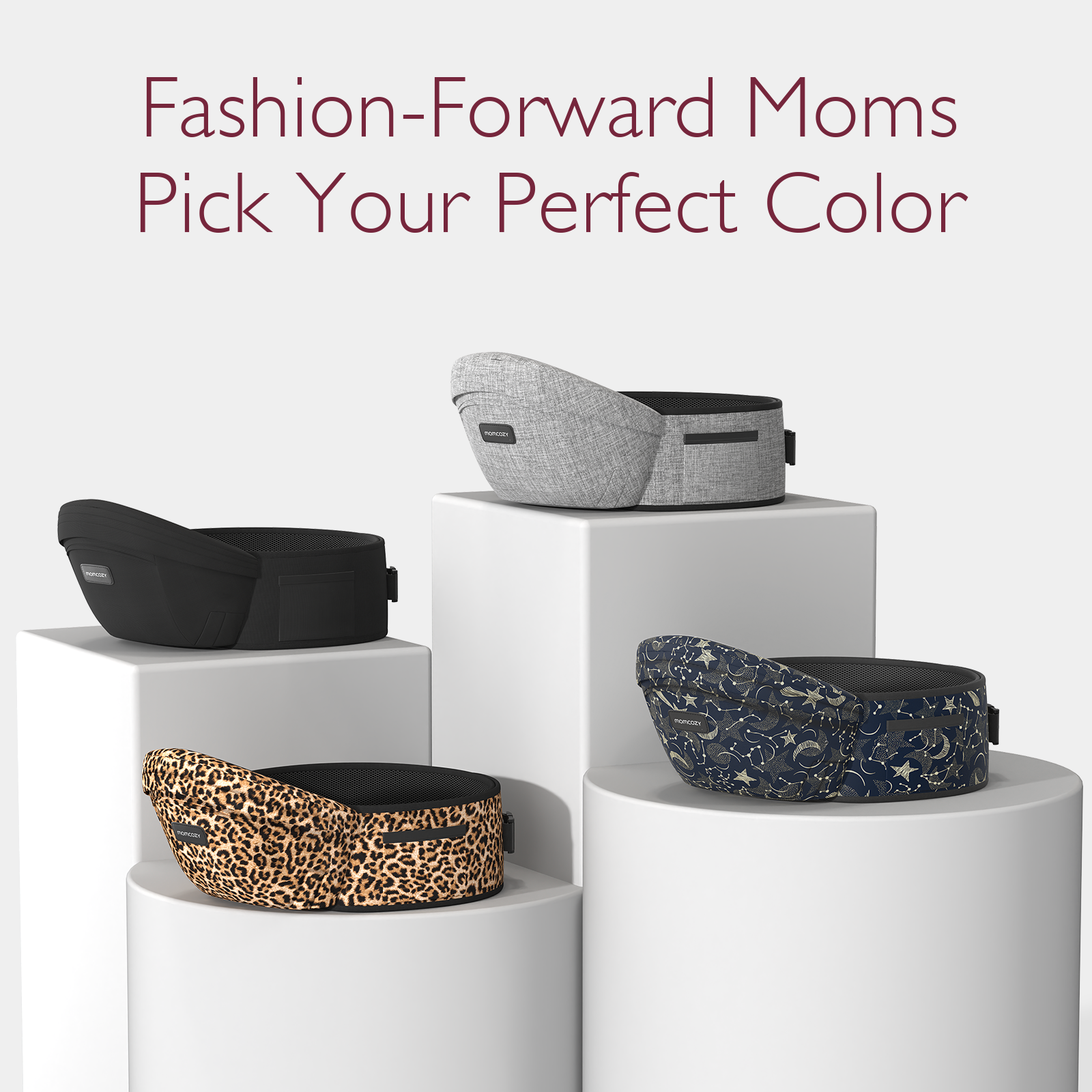 Momcozy Wander360 Hip Seat Carrier color options: Leopard print, black, gray and navy constellation, Pick Your Perfect Color