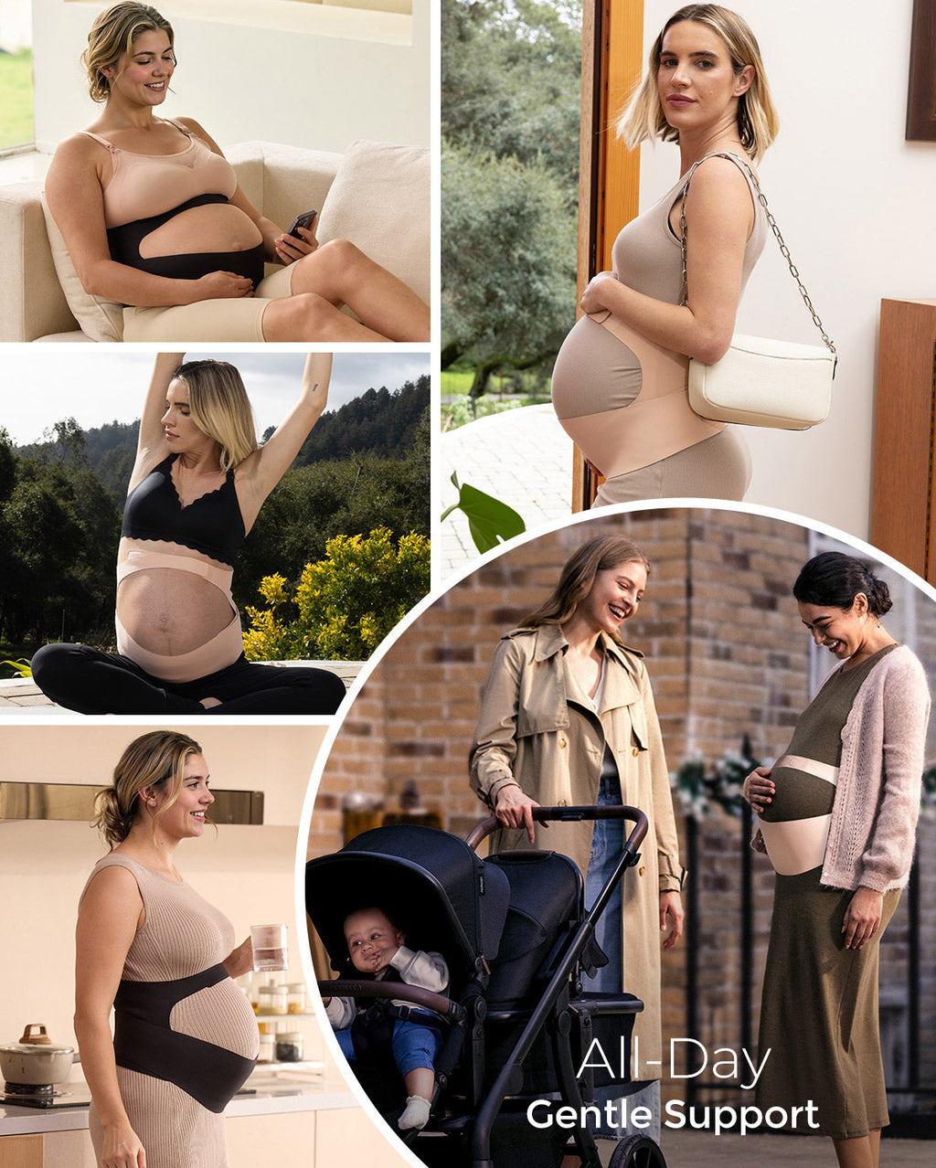 Collage of pregnant people in beige BumpEase belly bands: lounging, stretching, cooking, walking.
