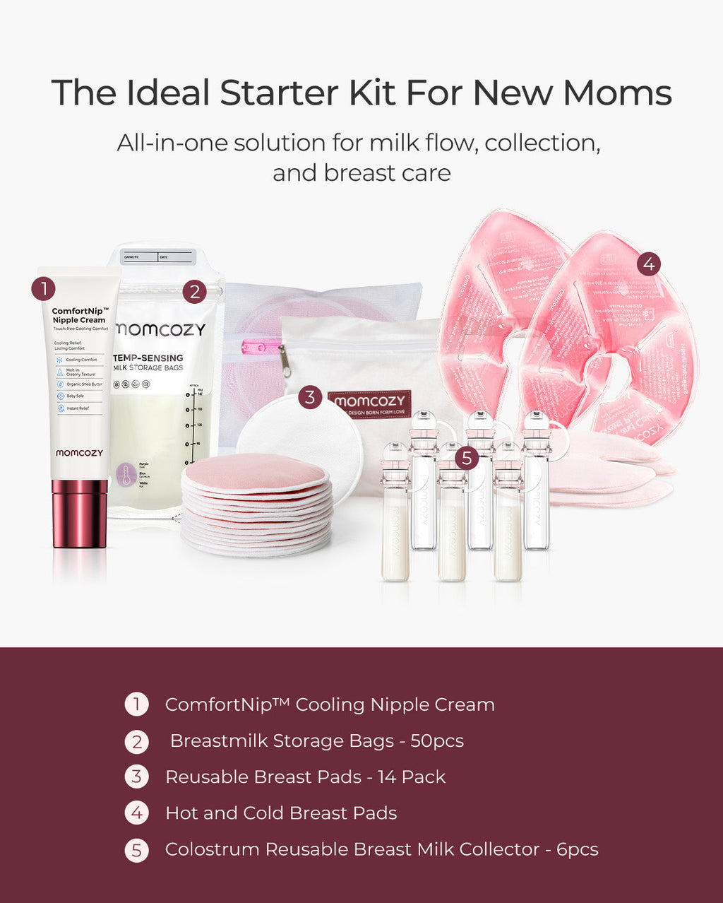 Hospital Essentials Bundle: Hot and Cold Breast Pads, Colostrum Milk Collector, Milk Bags, Breast Pads & Nipple Cream