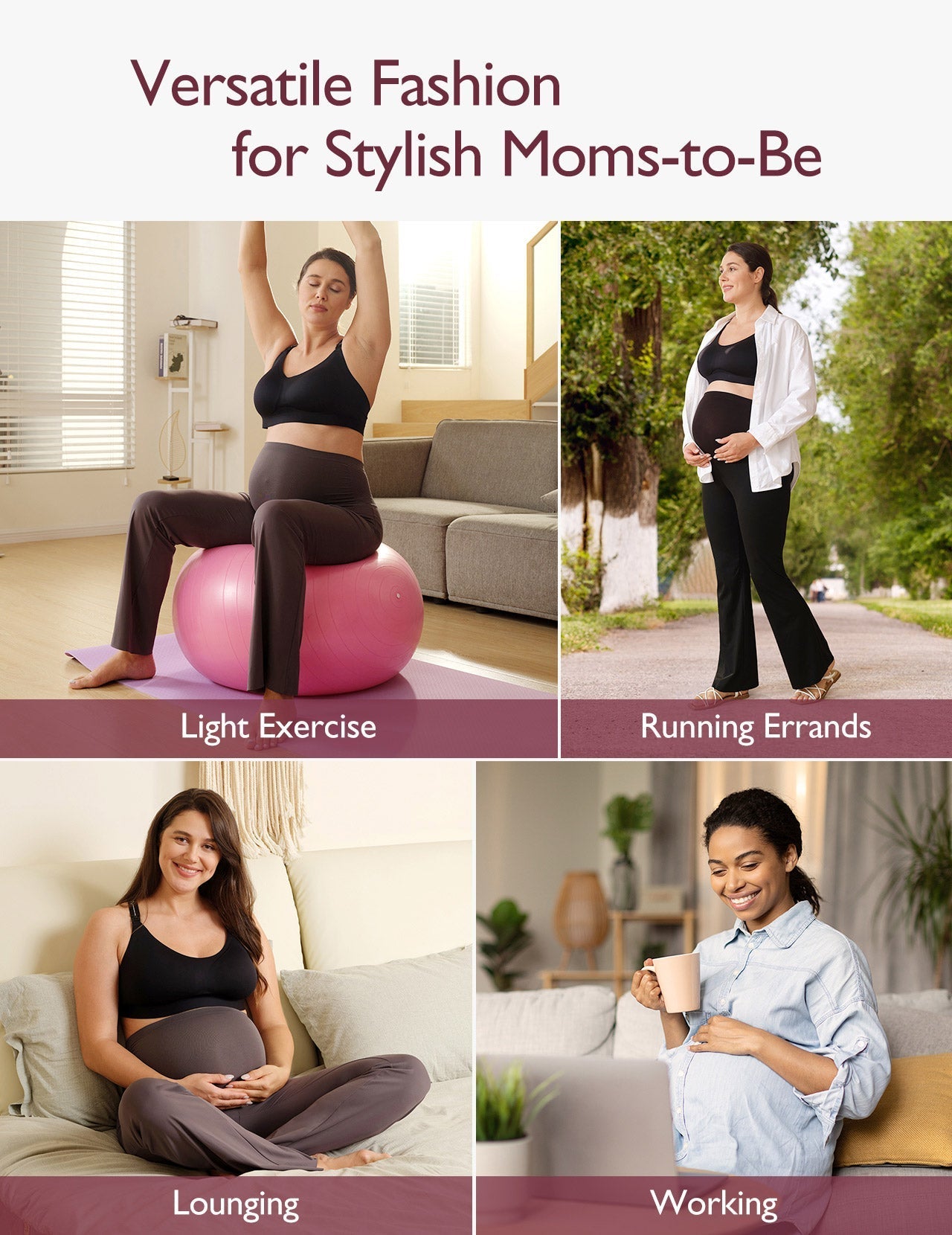 A collage showcasing versatile maternity workout flare leggings suitable for exercise, running errands, lounging, and work.