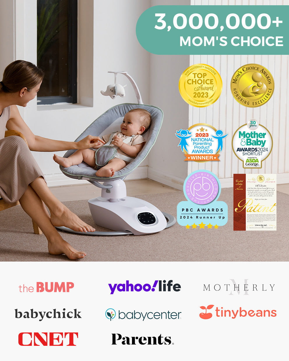 Momcozy CocoSway Electric Baby Swing with awards, user endorsements, and a baby comfortably seated.
