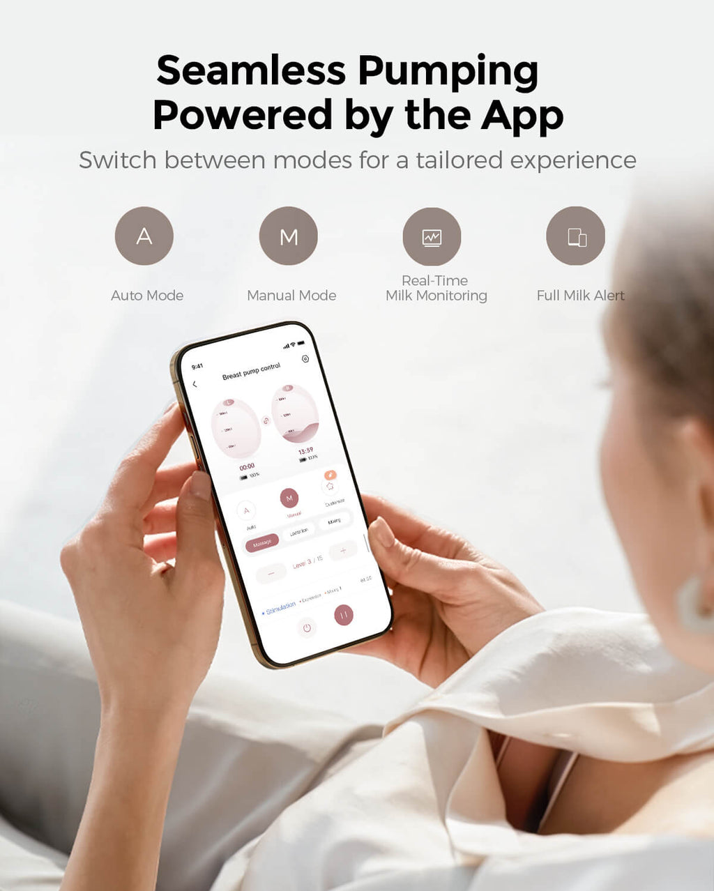 Momcozy Air 1 breast pump app interface: Auto/Manual modes, milk monitoring, full alert. Demonstrates app control.