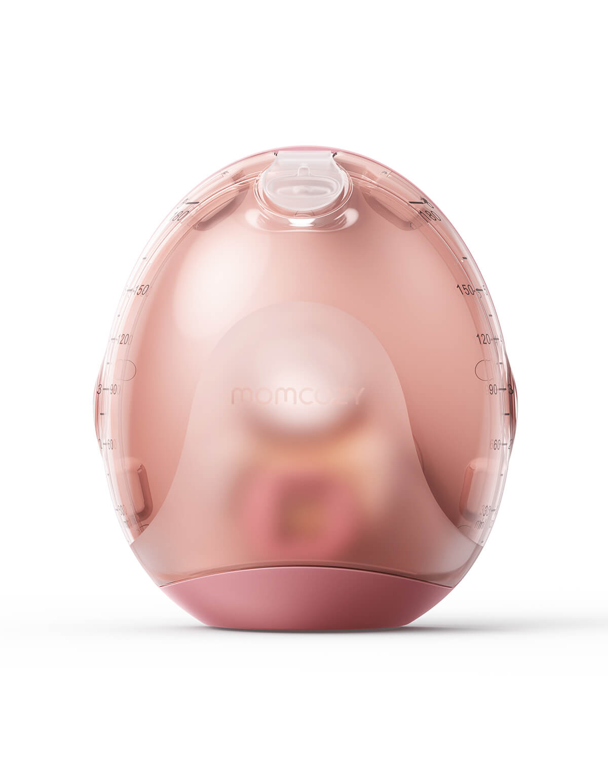 Momcozy Air 1 ultra-slim breast pump in rose gold with measurement markings and 'momcozy' logo, product display.