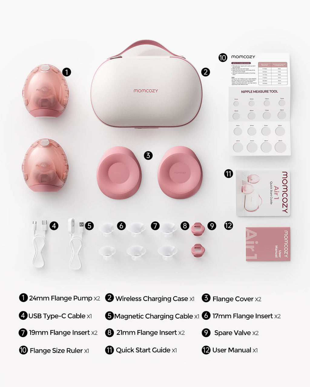 Momcozy Air 1 breast pump kit: pumps, charging case, flange covers, inserts, valves, cables, ruler, guides, manual.