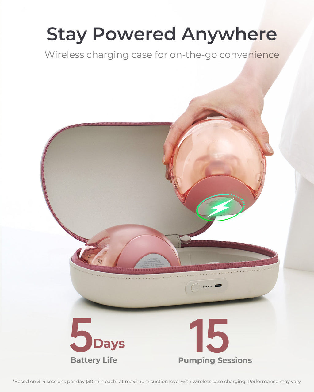 Wireless charging case with a hand placing a pink breast pump inside, on a white background.