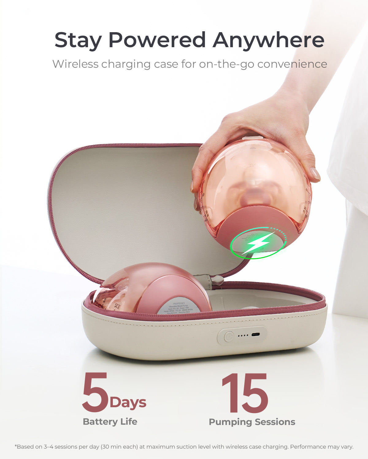 Wireless charging case with a hand placing a pink breast pump inside, on a white background.